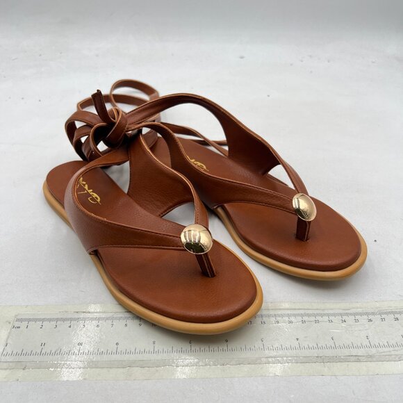 XYD Brown Open Toe Metal Gold Hardware Flip Flops Ankle Wrap Lace-up Flat Sandal - Picture 4 of 8